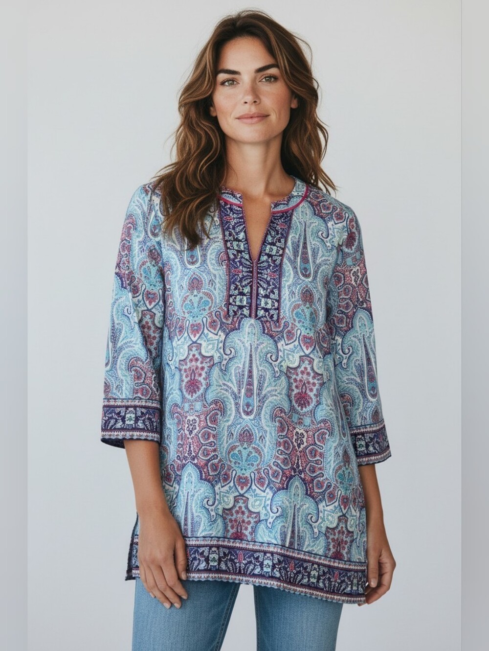 Talbots Cotton Lightweight Light Blue Paisley Split-Neck Tunic